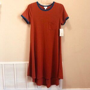 NWT LulaRoe Orange, Blue Trim Carly Dress in Women's Size XS (4, 6, or 8)